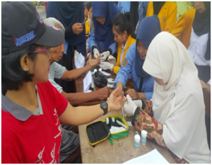 PEMERIKSAAN ASAM URAT PADA WARGA RW IX DALAM ACARA CAR   FREEDAY BEKERJA SAMA DENGAN KARANG TARUNA  KELURAHAN BANJARSASRI